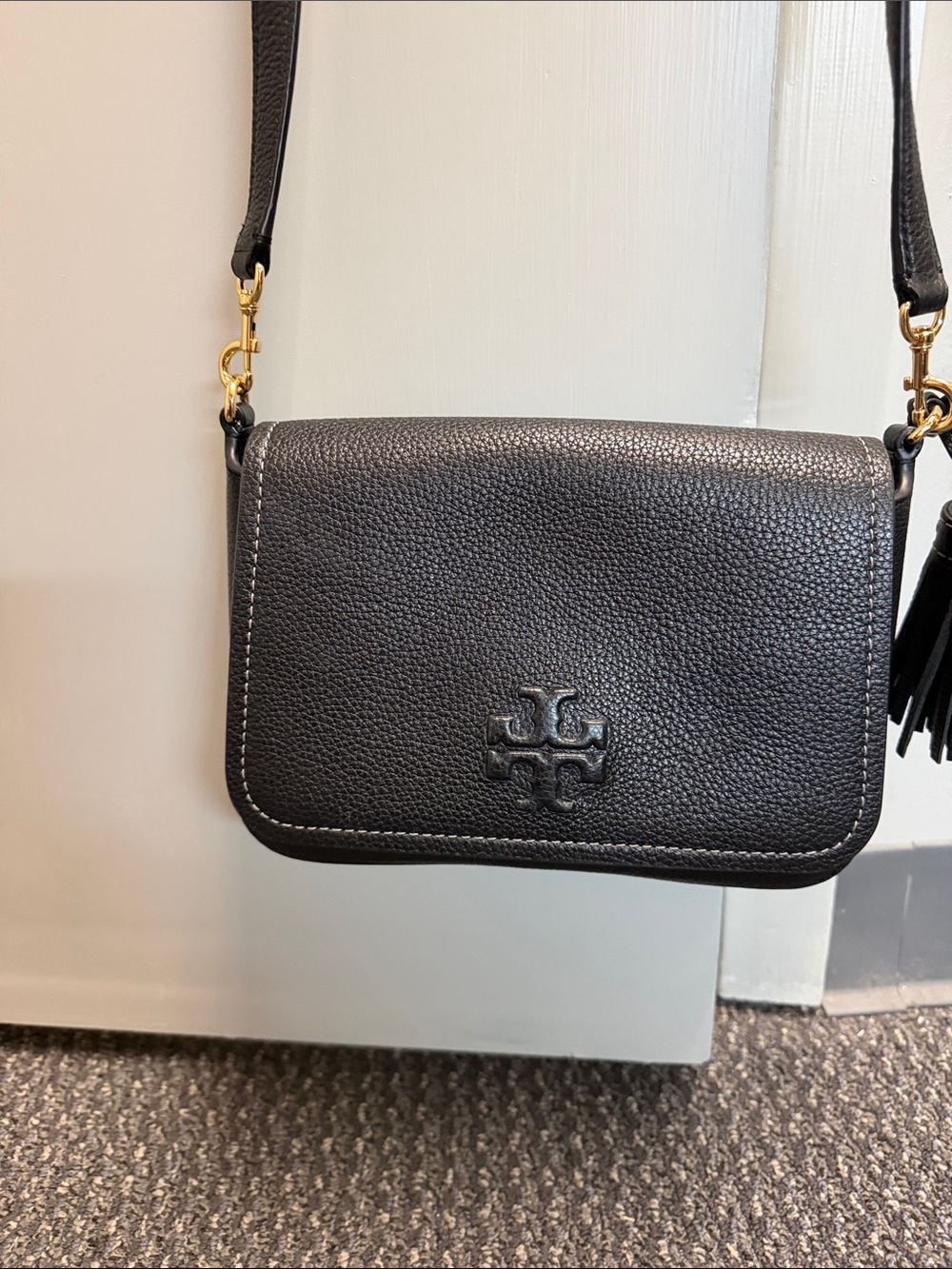 Tory Burch Black Pebbled Leather Crossbody with Logo Flap